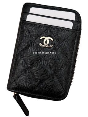 CHANEL 💯 Caviar Quilted CC Zip Zipped Card Holder Coin Wallet Black Gold Box